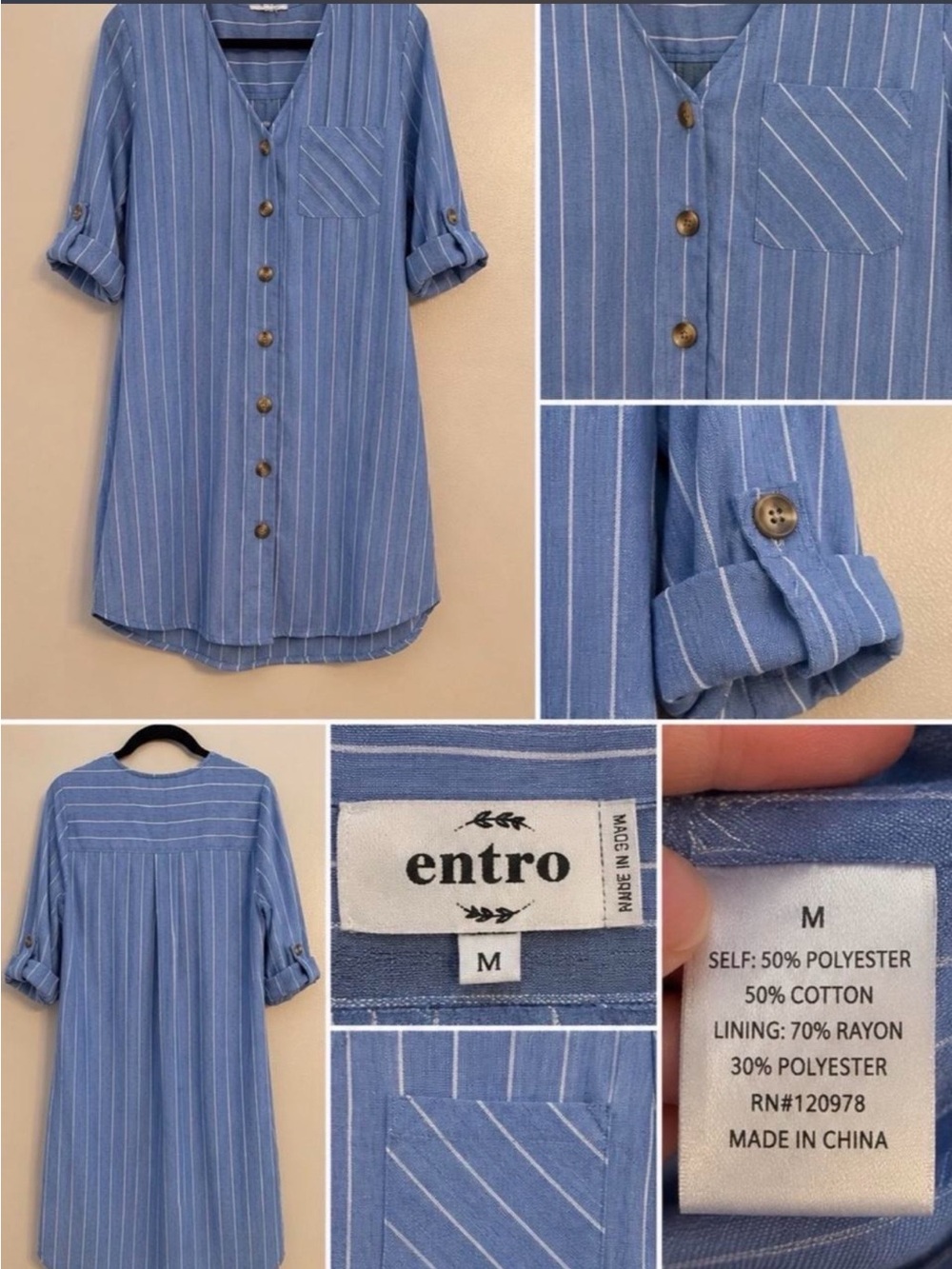 entro Blue + White Pinstripe Button-Front Casual Shirt Dress